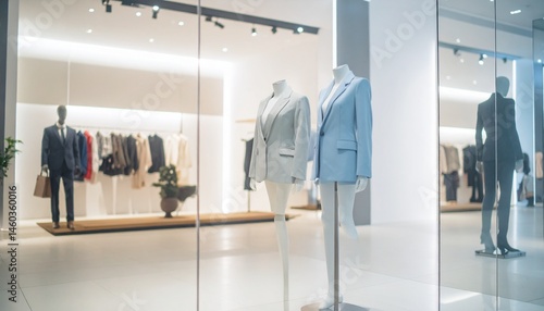 Luxury department store interior, luxury woman in suit with silhouette seen behind glass wall