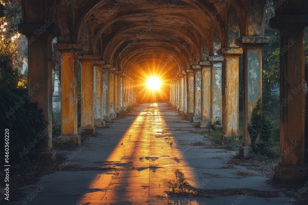 Obraz premium Sunlight casting long shadows in ancient columned hallway