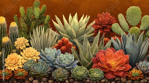 Diverse succulent and cactus composition against textured terra cotta background