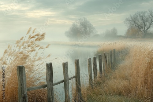 Misty countryside morning with wooden fence and golden grass fields