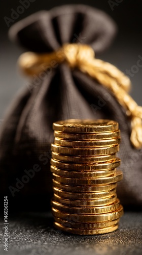 Wallpaper Mural Close-up of gold coin stack near blurred dark bag, symbolizing wealth, savings, or financial success, ideal for business or finance concepts Torontodigital.ca