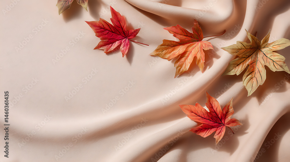 Autumn composition with maple leaves and beige fabric on a isolated pastel background copy space minimalist style top view Autumn composition with maple leaves and beige fabric on a isolated pastel background copy space minimalist style top view