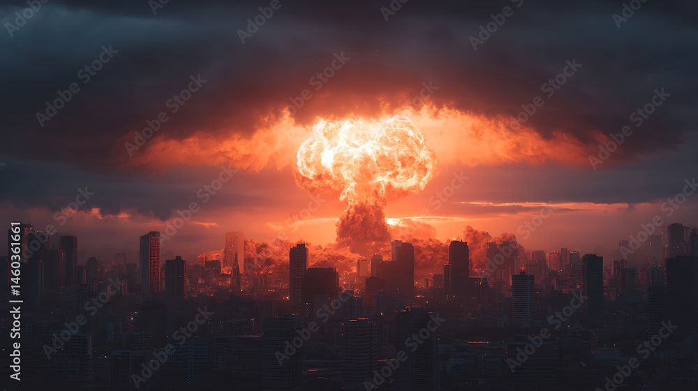 Fototapeta premium Atomic bomb in city, symbol of war, end of world, nuclear explosion