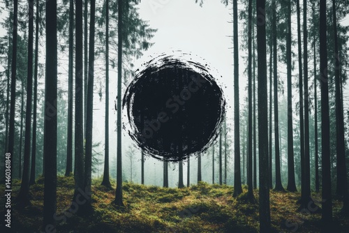 Surreal black orb floating in forest with symmetrical tall trees