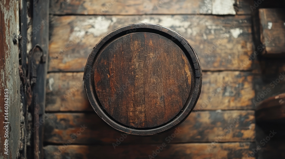 A wooden barrel top view with rustic texture in dimly lit room creating warm world whisky day atmosphere for aged spirit storage