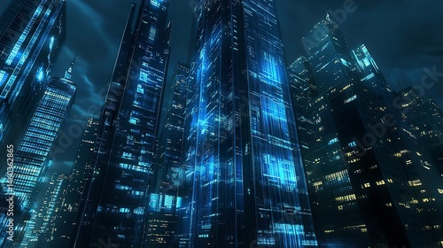 Wallpaper Mural Modern office tower at night, blue-lit windows in close-up, capturing an elegant and futuristic nighttime cityscape.   Torontodigital.ca