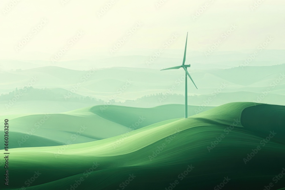 Fototapeta premium A single wind turbine stands in a serene, rolling green landscape, symbolizing clean energy and sustainability.