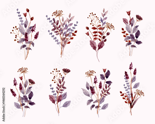brown purple wildflower and leaves watercolor bouquet collection