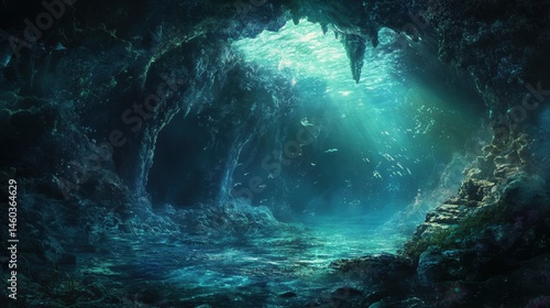 Submerged cavern interior with  glowing light.