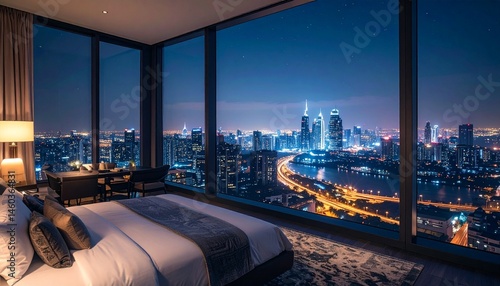 Night view of the city from the wide window of a luxury hotel penthouse