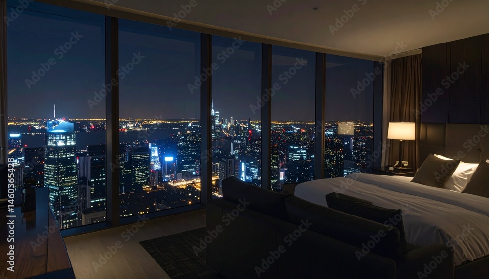 Naklejka premium Night view of the city from the wide window of a luxury hotel penthouse