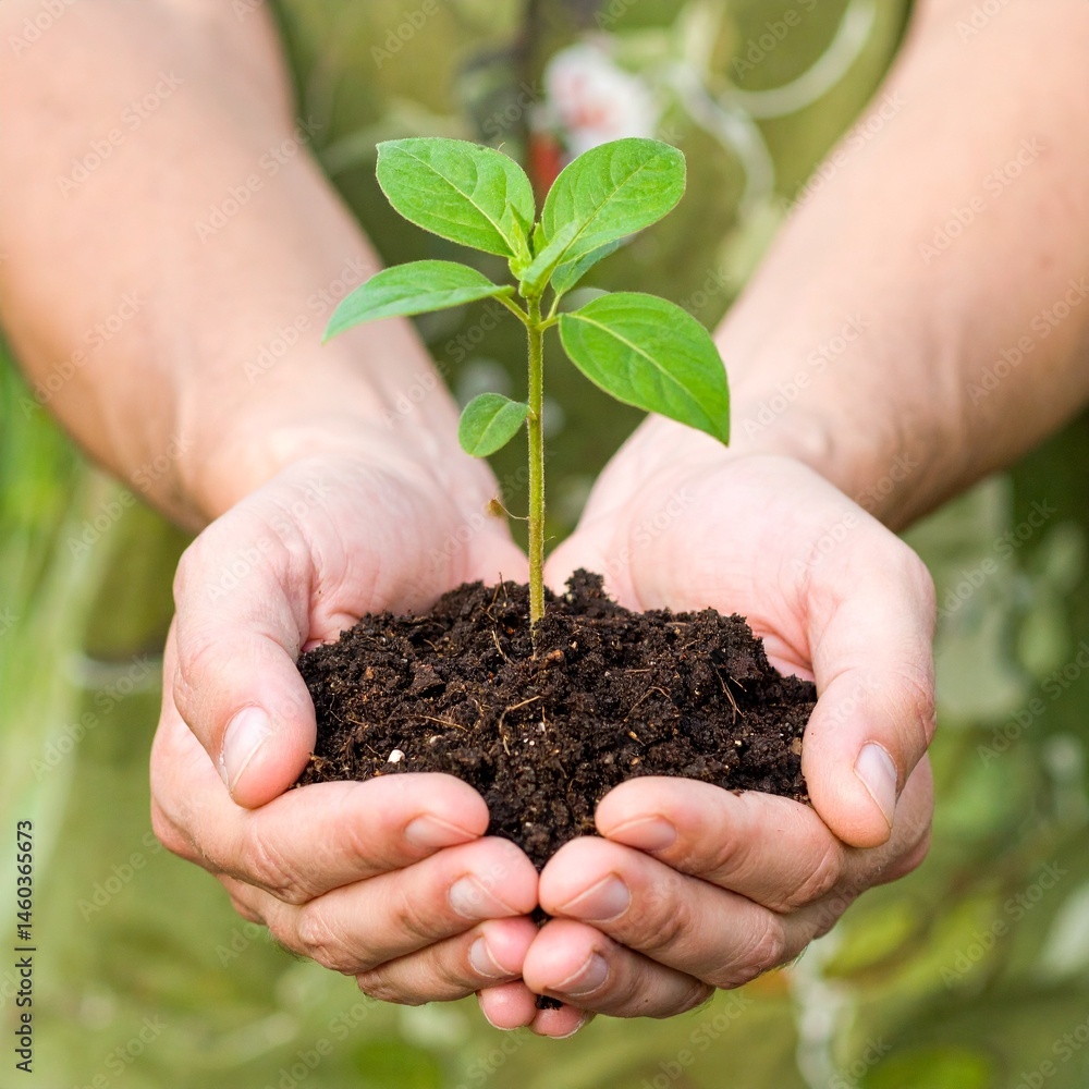 Hands holding small plant in soil Hands holding small plant in soil