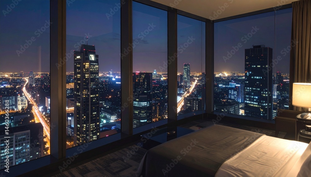 Fototapeta premium Night view of the city from the wide window of a luxury hotel penthouse
