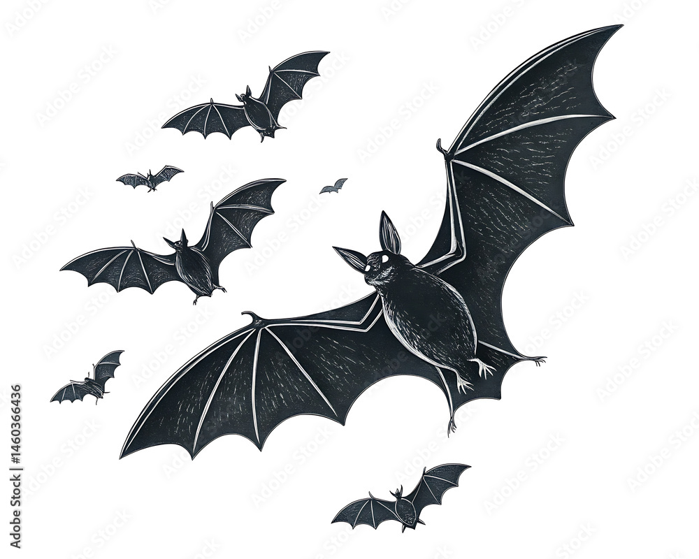 Fototapeta premium A group of bats flying in the sky with their wings spread out in a white background illustration