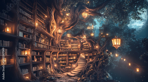 Grand library nestled in a hollow tree, aglow with floating lanterns, featuring bookshelves crafted from spiraling branches. [Hollow Realms] | Hollow Procession | vanished path. Illustration
