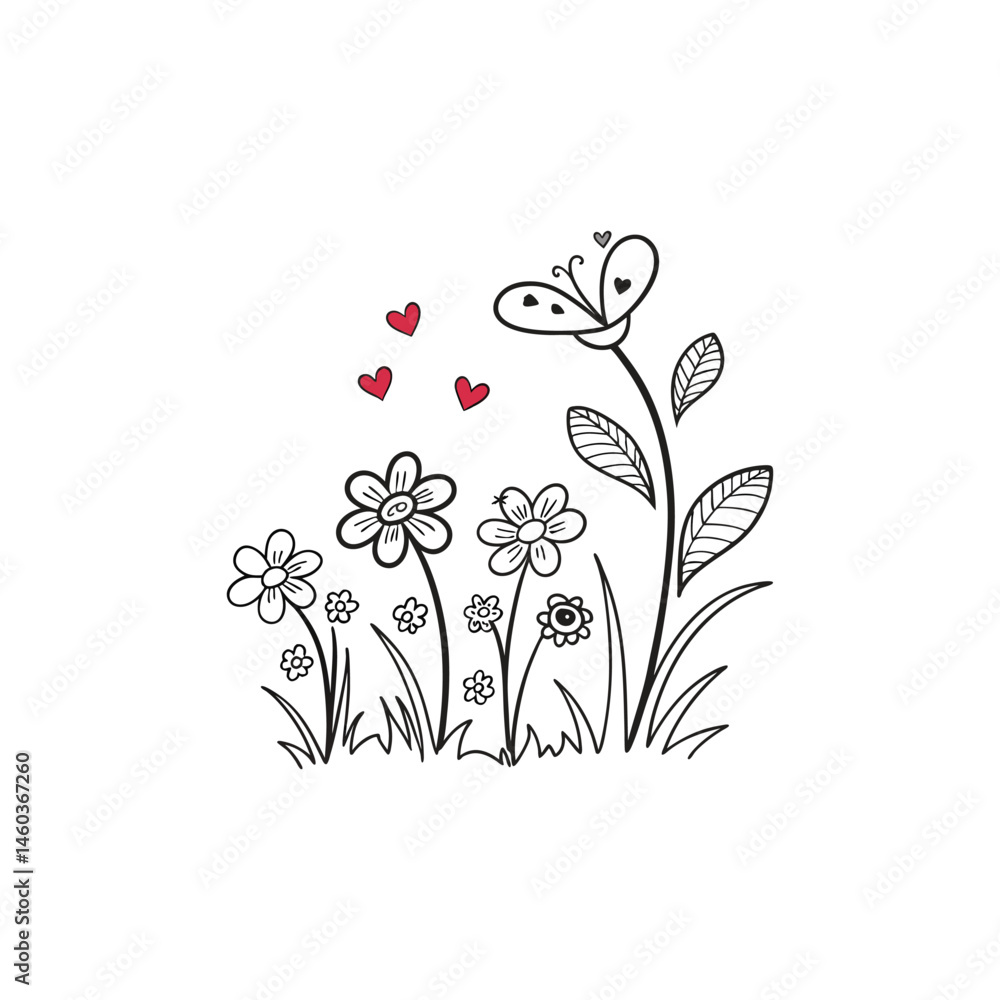 Naklejka premium simple doodle of hearts and flowers a clip art