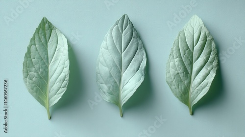 Three pale-green leaves arranged symmetrically on a light-blue background, creating a minimalist and nature-inspired design, symbolizing freshness, purity, and serenity