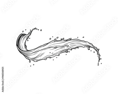 Water Splash Hand Drawn Black Line Art, Artistic Flowing Liquid