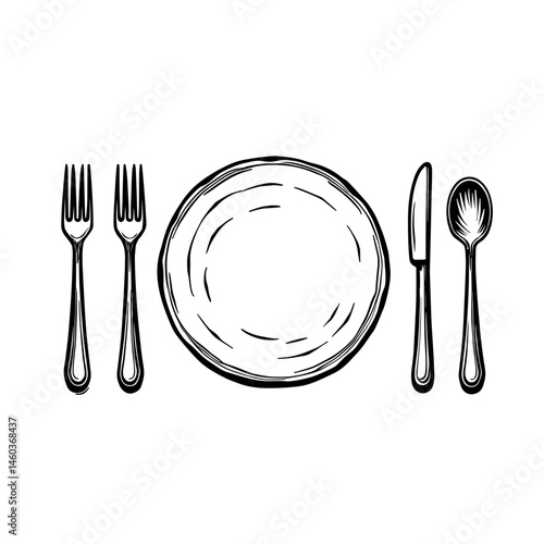 Engraved plate with cutlery icon in vintage sketch style concept of culinary blogs restaurant branding and food decor