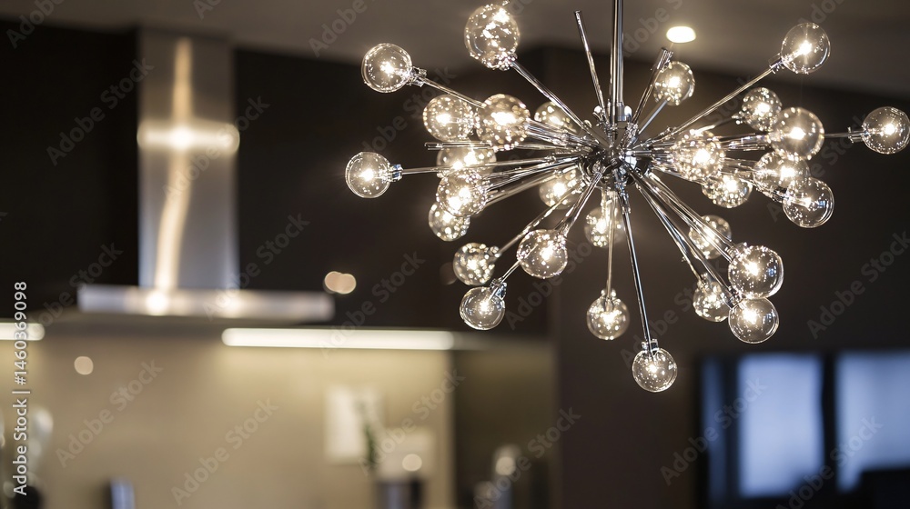 Obraz premium Elegant Modern Chandelier Illuminating High-End Kitchen Interior