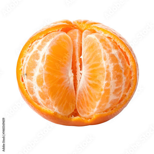 Whole tangerine peeled halfway on white background
