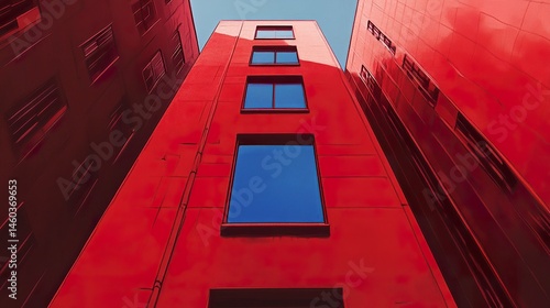 Red modern high-rise with smooth surfaces, the singular blue window breaking monotony with a sophisticated pop of color. 