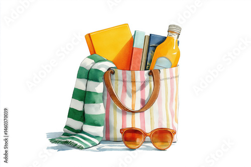 Brightly colored beach tote filled with summer essentials on a sunny day by the shore