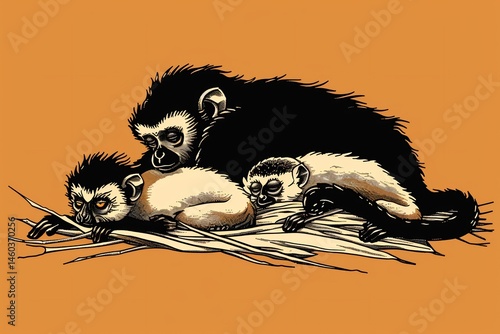 grid Minimalist vector graphic primates Monkey Chimpanzee Gorilla Lemur clean simple silhouettes main color white touch gold accent clean background icon photo