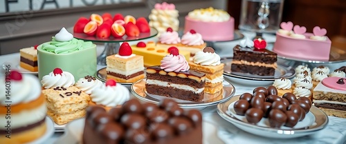 table topped with lots of cakes and desserts