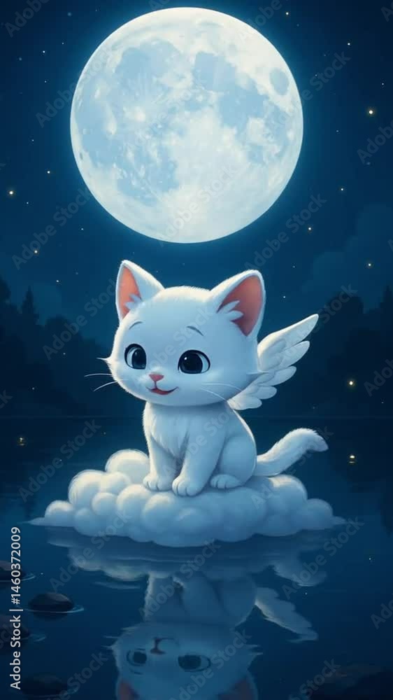 Cute White Cartoon Cat with Angel Wings Sitting on a Cloud Under the Full Moon Reflected in a Night Lake with Stars