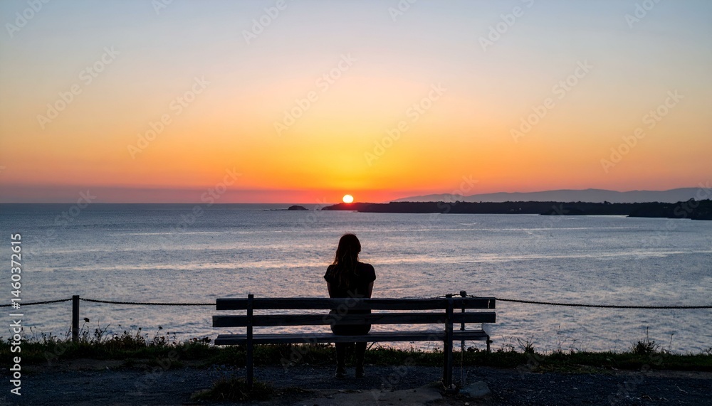 Silhouette of a woman sitting on a bench, watching a vibrant sunset over the ocean. Serene and peaceful moment captured at dusk. Silhouette of a woman sitting on a bench, watching a vibrant sunset over the ocean. Serene and peaceful moment captured at dusk.