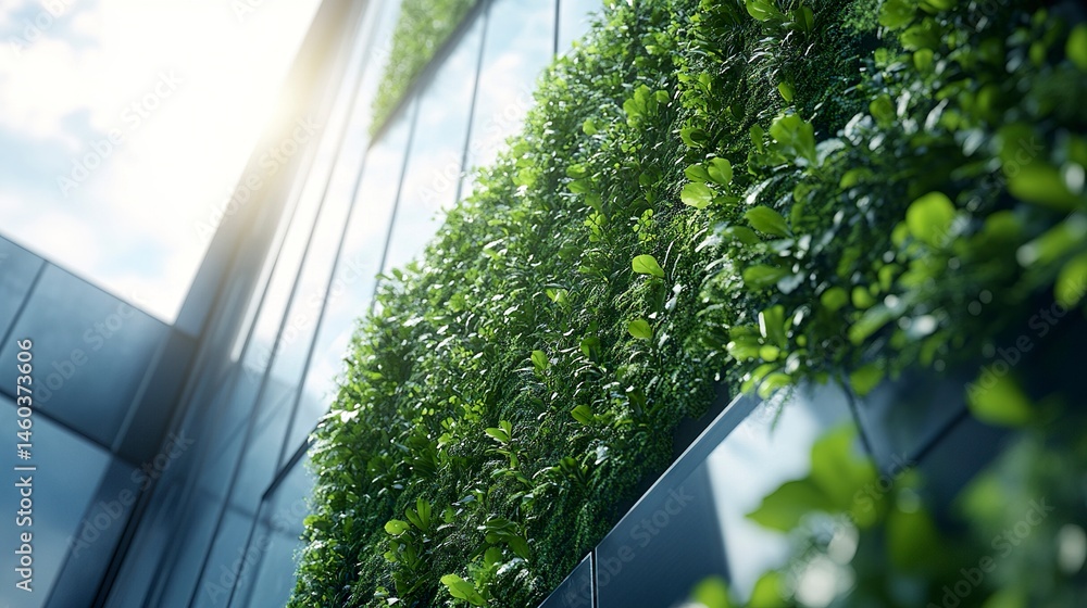 Sleek modern office with a green wall facade, low-angle shot emphasizing eco-friendly innovation and sharp architectural details. Sleek modern office with a green wall facade, low-angle shot emphasizing eco-friendly innovation and sharp architectural details.