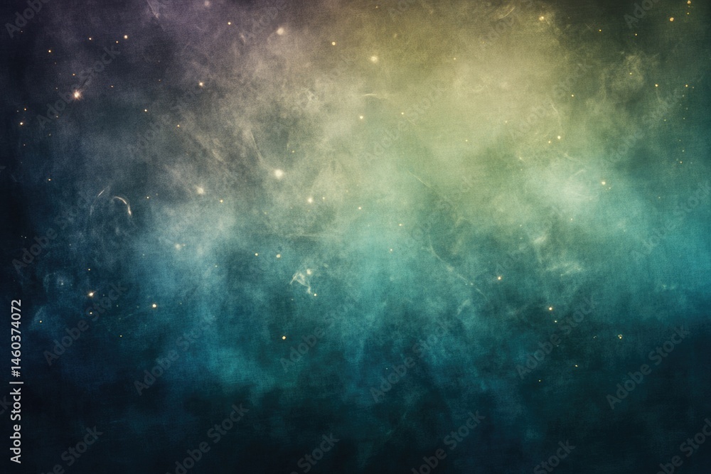 Fototapeta premium A dreamy, cosmic nebula with teal and gold hues, speckled with stars.