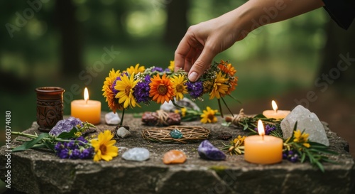 Woman's hand arranging flowers for Kupala Night ritual. Summer solstice celebration with candles and herbs. Nature altar for Midsummer festival, Litha, pagan holiday