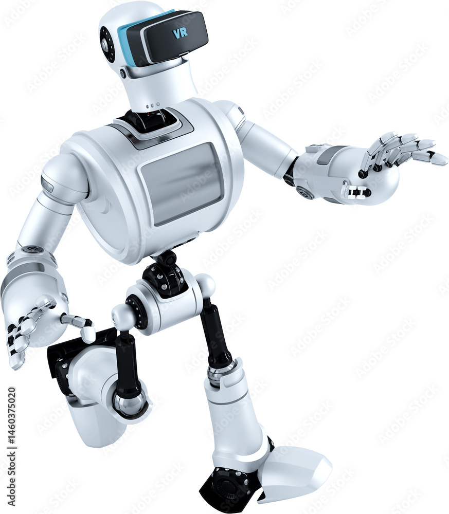 White robot walking and touching virtual reality using vr headset White robot walking and touching virtual reality using vr headset