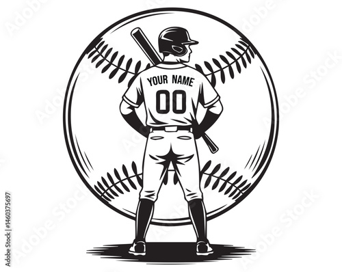 Baseball Player Silhouette with Bat Standing in Front of Large Ball for Sports Logo and Athletic Design Concepts