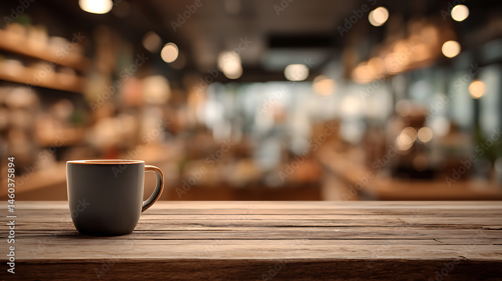 Fototapeta premium Coffee delight, product showcase, empty wooden table with blurred coffeeshop background