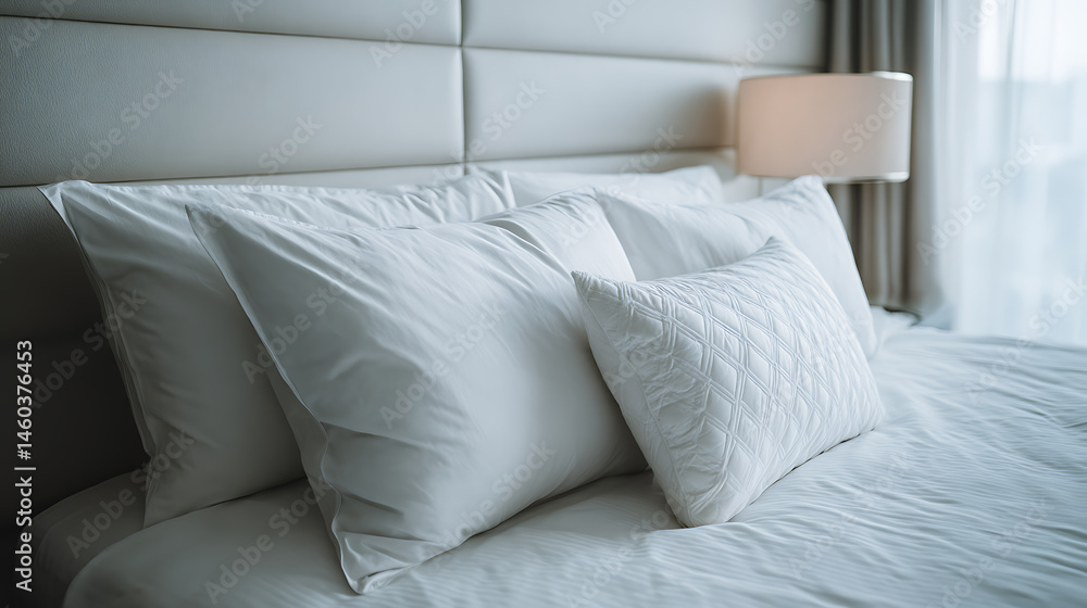 Obraz premium Close, up of pillows on bed in hotel room home decor and interior design, bed with white bedding in luxury bedroom, bed linen laundry service and furniture details