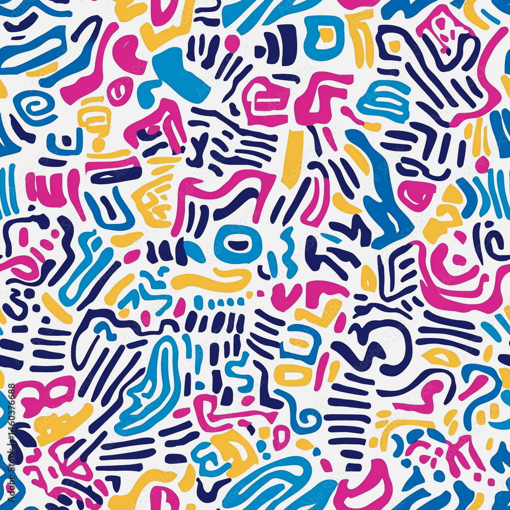 Obraz premium Memphis colorful style seamless pattern. Creative minimalist style art background for children or trendy design with basic shapes. Simple childish scribble backdrop white background