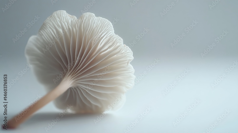 Close-up of pale mushroom, delicate gills visible, exhibiting gentle texture and shape, suggesting purity, nature, and fragility Close-up of pale mushroom, delicate gills visible, exhibiting gentle texture and shape, suggesting purity, nature, and fragility