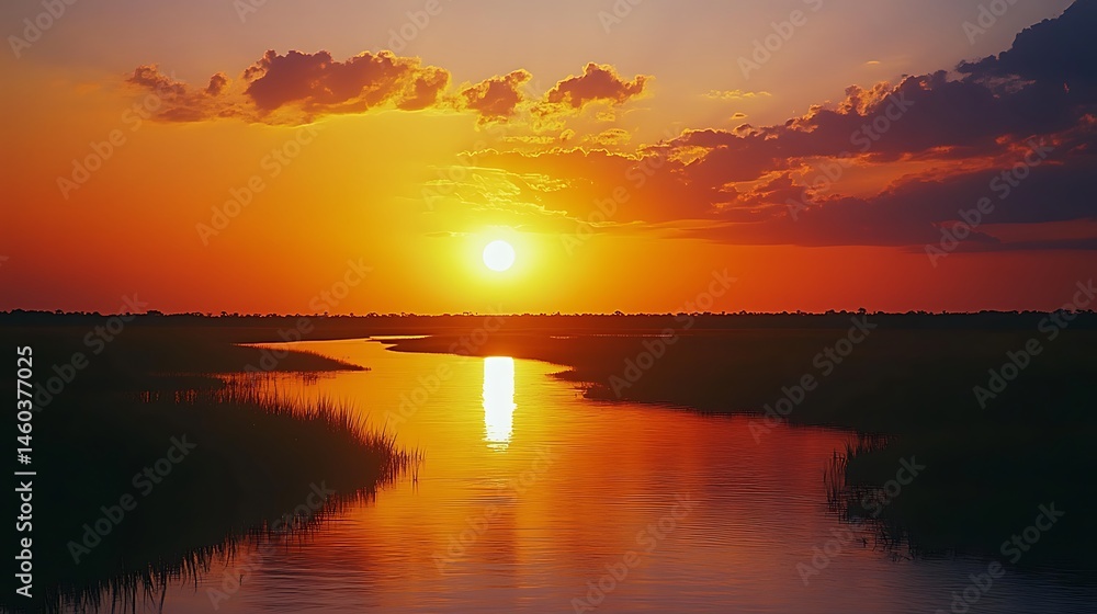Obraz premium Vibrant sunset over a tranquil waterway.