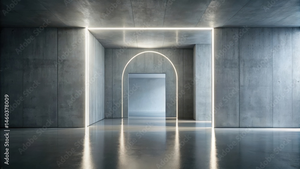 Fototapeta premium Modern minimalist concrete interior architectural design with illuminated archway and sleek lines