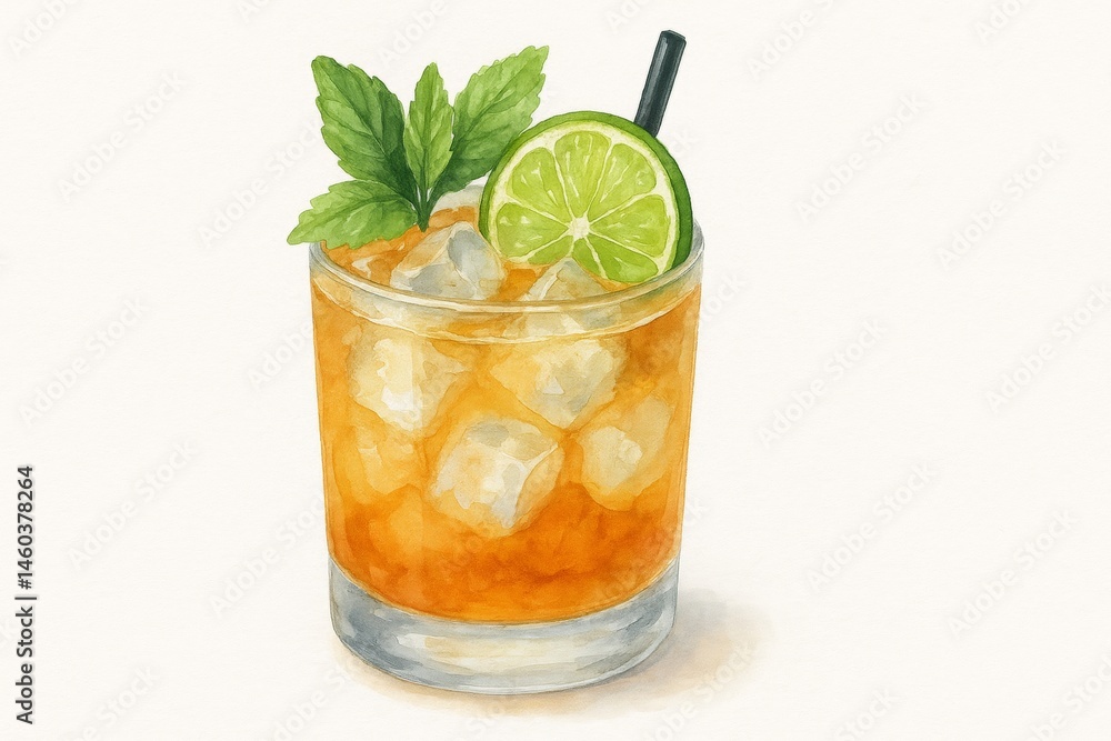 Vibrant watercolor painting featuring a refreshing cocktail with ice cubes, lime slice, fresh mint leaves, and a black straw, embodying a cool summer beverage