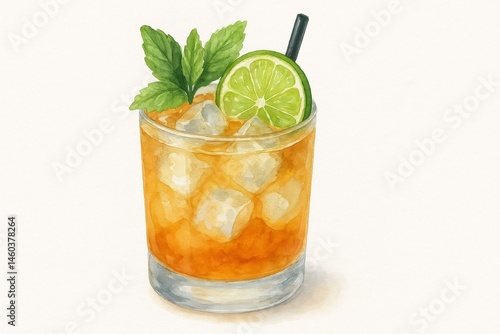 Obraz na płótnie Vibrant watercolor painting featuring a refreshing cocktail with ice cubes, lime slice, fresh mint leaves, and a black straw, embodying a cool summer beverage w salonie