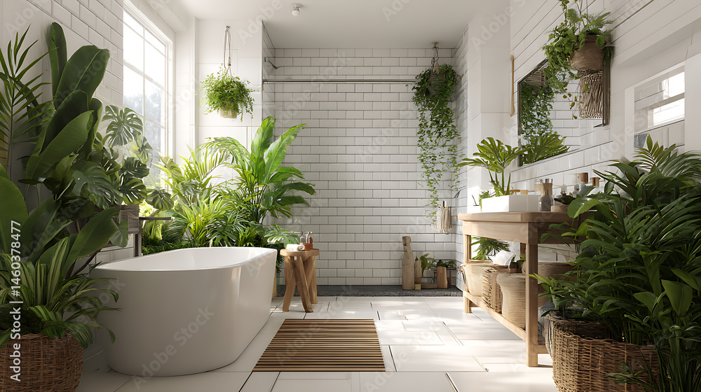 Fototapeta premium Bright and white bathroom with a variety of green plants of deep forest style