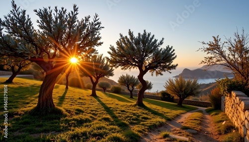 Fototapeta Naklejka Na Ścianę i Meble -  a serene depiction of a traditional mallorcan olive grove, with gnarled trees and stone walls under a golden sunset