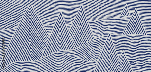 Hand drawn brush lines abstract mountains pattern, Japanese and ethnic wood carving, engraving texture background in blue and white, handcrafted landscape graphic for textile, carpet