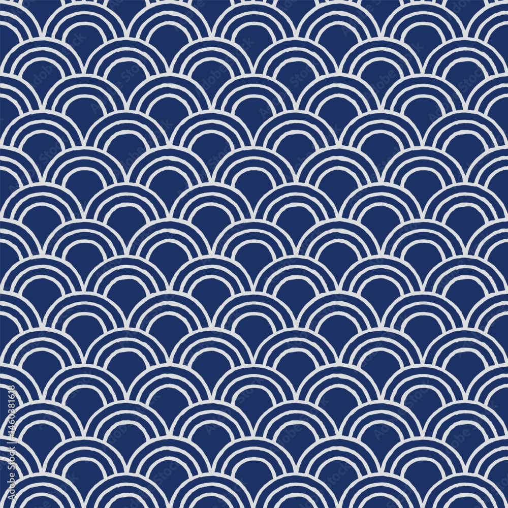 Hand drawn brush lines abstract regular Japanese traditional waves and water seamless pattern, oriental and ethnic block print texture background in blue and white, simple graphic for decoration Hand drawn brush lines abstract regular Japanese traditional waves and water seamless pattern, oriental and ethnic block print texture background in blue and white, simple graphic for decoration