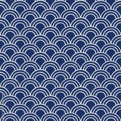 Hand drawn brush lines abstract regular Japanese traditional waves and water seamless pattern, oriental and ethnic block print texture background in blue and white, simple graphic for decoration