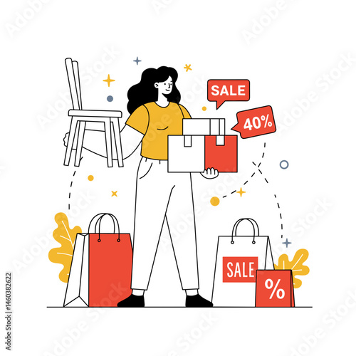 Woman Assembling New Chair from Black Friday Sale – DIY, Home Improvement Concept for E-commerce, Blog, Advertising Design